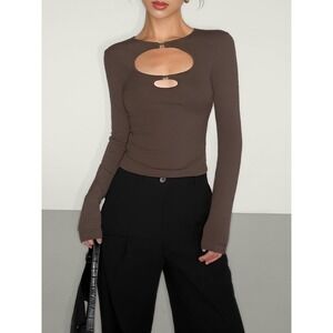 Commense Double Keyholes Long Sleeve Top Light Brown size M